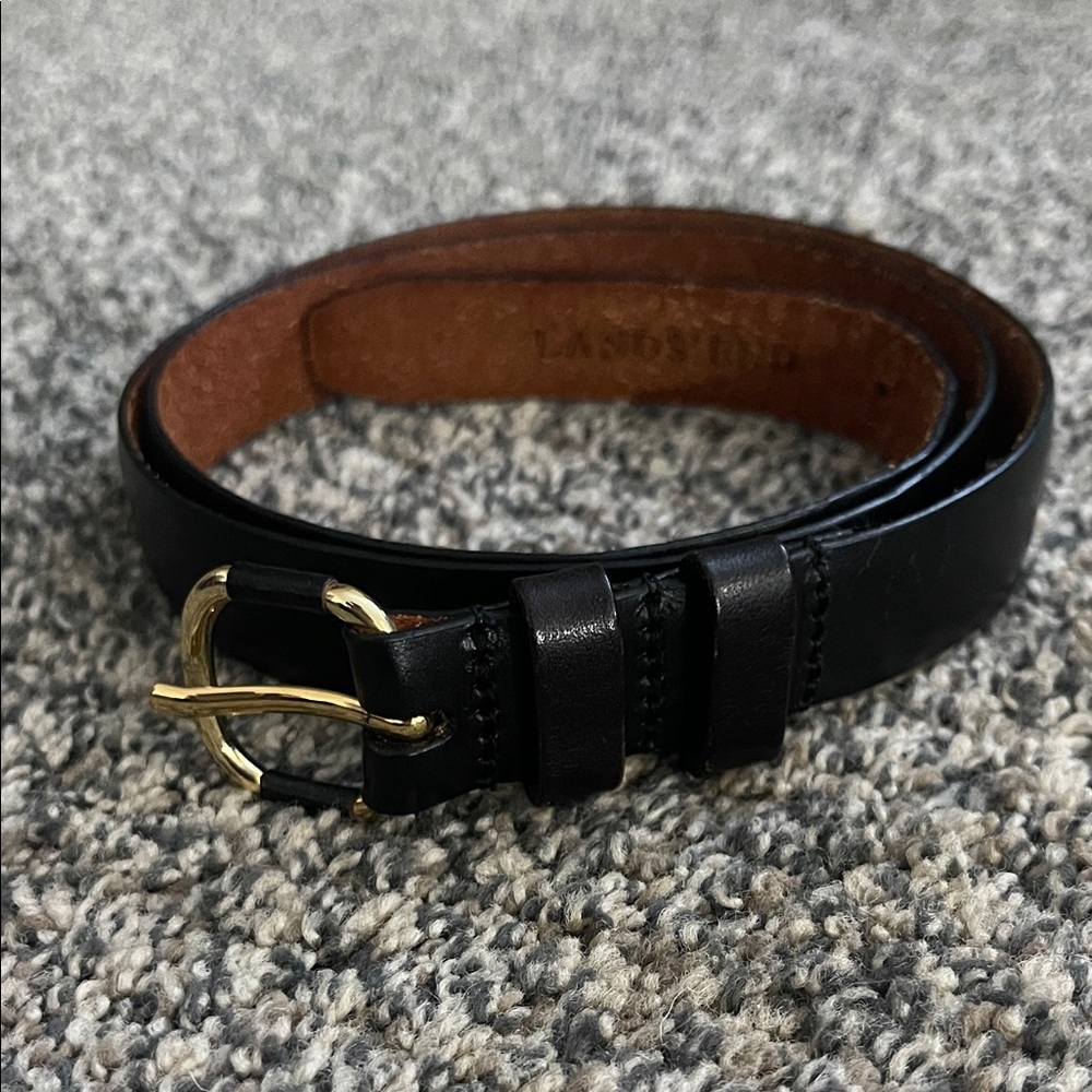 Lands' End Black Leather Belt with Gold Buckle
